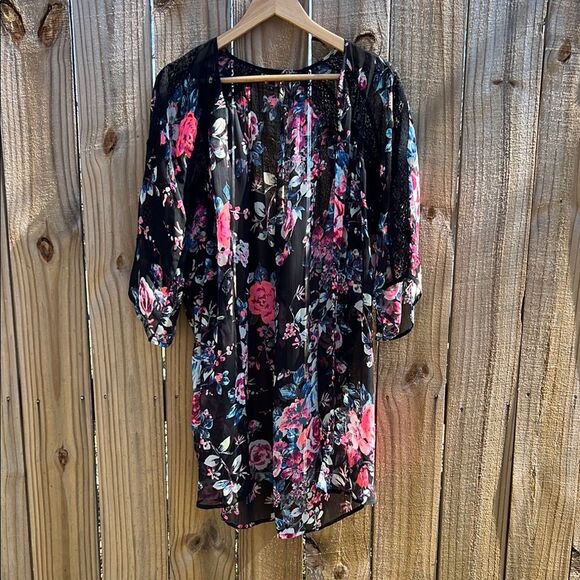Express Fall Floral Black Pink Sheer Lace Open-Front Kimono Cover Up Shaw Wrap M - Picture 2 of 13